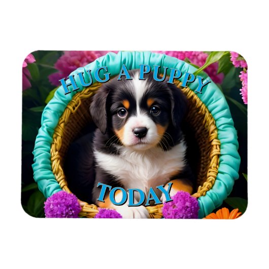 バスケットに入ったかわいい子犬 マグネット (横)