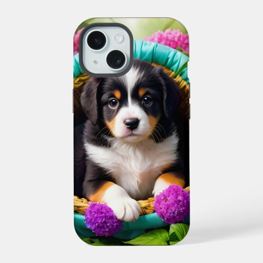バスケットに入ったかわいい子犬 iPhone 15ケース (裏面)