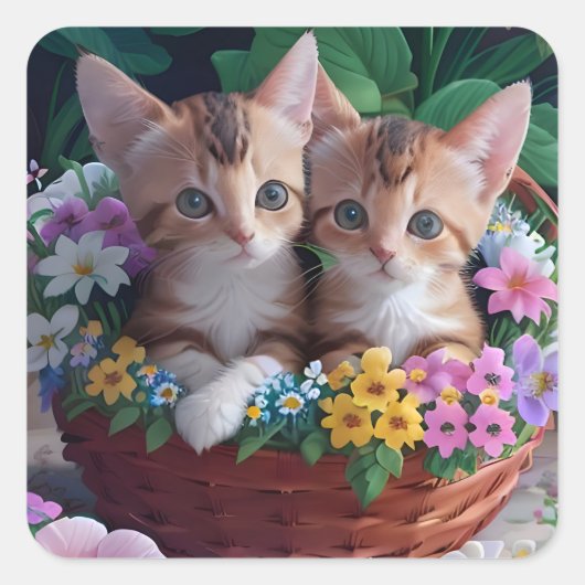 バスケットに入ったかわいい子猫たち|過去記事 スクエアシール (正面)