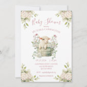 バスケットに入ったかわいい子羊フローラピンク赤ちゃんシャワー 招待状 (正面)