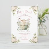 バスケットに入ったかわいい子羊フローラピンク赤ちゃんシャワー 招待状 (スタンド正面)