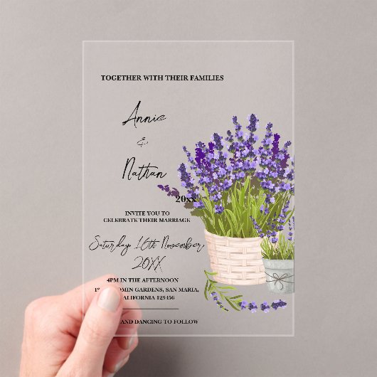 バスケットに入ったかわいい水色のラベンダー結婚の茎 アクリル招待状 (インサイチュ (ポータブル))