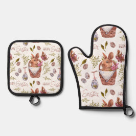 バスケットに入ったイースターバニー 鍋つかみ&鍋敷きセット