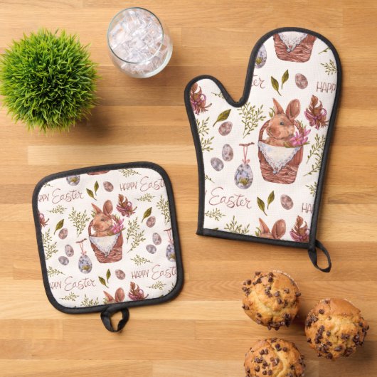 バスケットに入ったイースターバニー 鍋つかみ&鍋敷きセット (トップダウン)