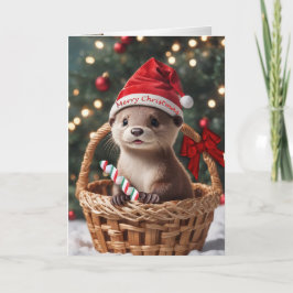 バスケットに入ったクリスマスのカワウソの赤ちゃんのホリデーカード シーズンカード