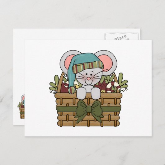 バスケットに入ったクリスマスマウス シーズンポストカード (正面/裏面)
