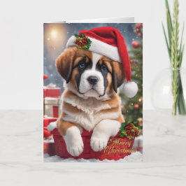 バスケットに入ったクリスマス・セント・ベルナールの子犬 シーズンカード