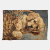 バスケットに入ったゴールデンレトリバーの子犬 キッチンタオル (横)