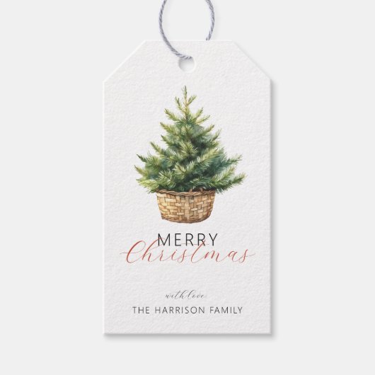 バスケットに入ったラスティッククリスマスツリーの名入れ ギフトタグ (正面)