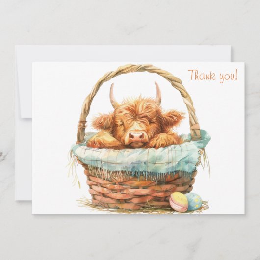 バスケットに入った居心地の良いハイランド牛 サンキューカード (正面)