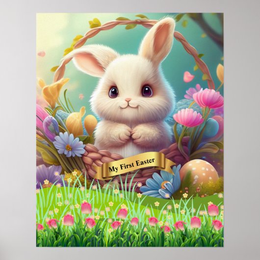 バスケットに入った復活祭のかわいいウサギパーソナライズされた ポスター (正面)