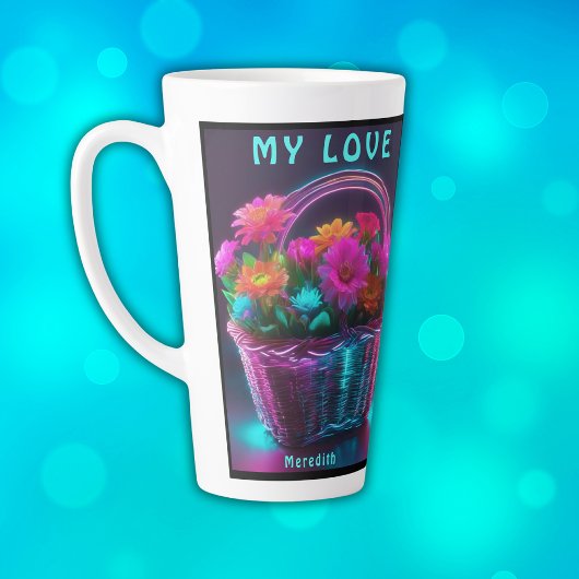 バスケットに入った明るい色の花のモノグラム | カフェラテマグ
