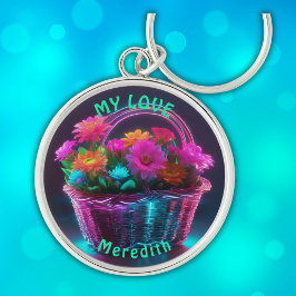 バスケットに入った明るい色の花のモノグラム | キーホルダー