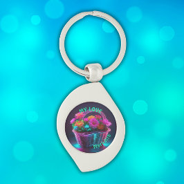 バスケットに入った明るい色の花のモノグラム | キーホルダー