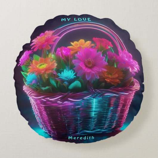 バスケットに入った明るい色の花のモノグラム | ラウンドクッション (正面)