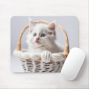 バスケットに入った白い子猫 マウスパッド