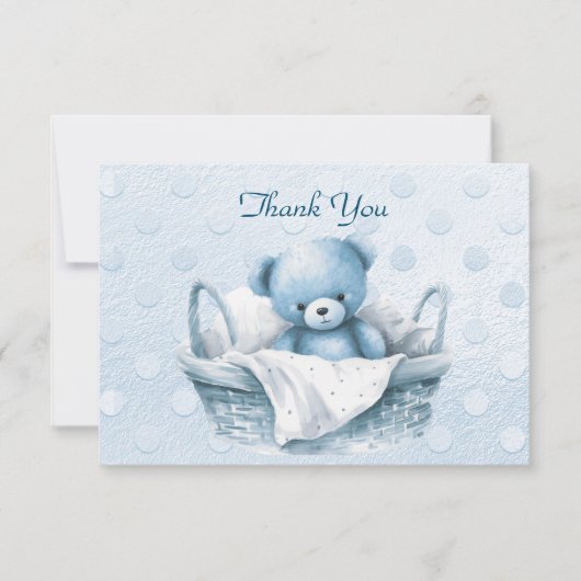 バスケットに入った青いテディベアサンキューカード サンキューカード (正面)
