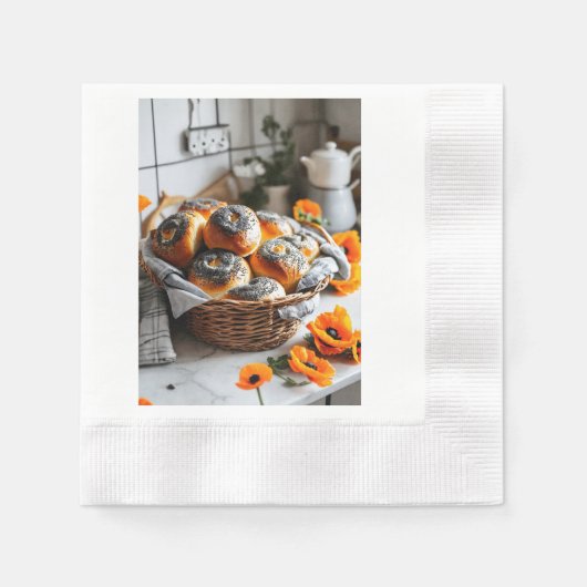 「バスケットに入った、おいしい香転がりのポピーの種 縁ありカクテルナプキン (正面)