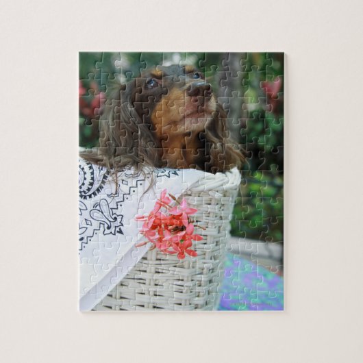 バスケットに座っているダックスフント犬のクローズアップ ジグソーパズル (縦)