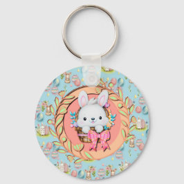 バスケットに座って可愛いイースターバニー キーホルダー