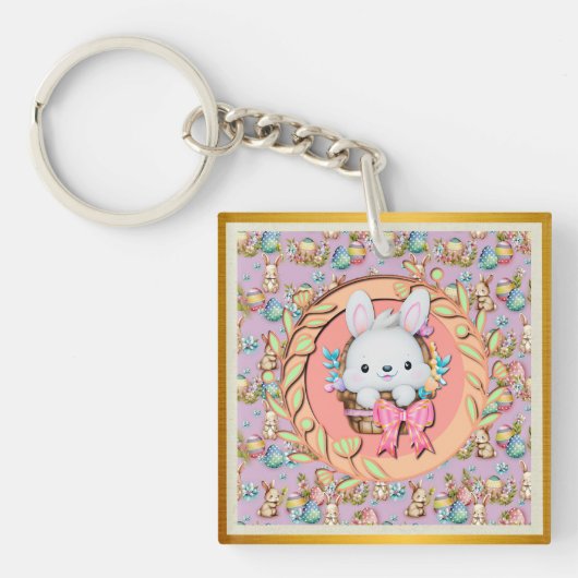 バスケットに座って可愛いイースターバニー キーホルダー (正面)