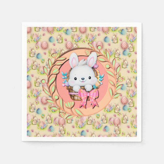 バスケットに座って可愛いイースターバニー スタンダードカクテルナプキン (正面)