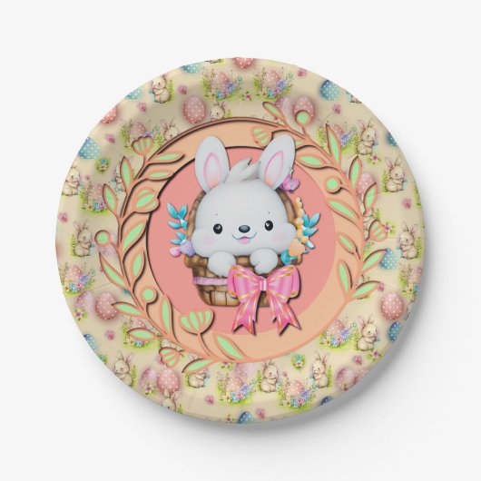 バスケットに座って可愛いイースターバニー ペーパープレート (正面)