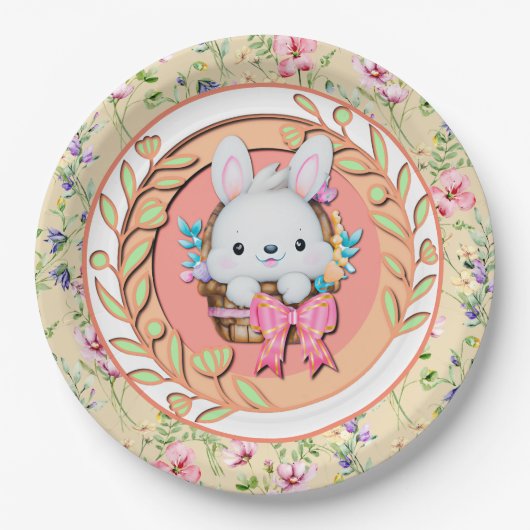 バスケットに座って可愛いイースターバニー ペーパープレート (正面)