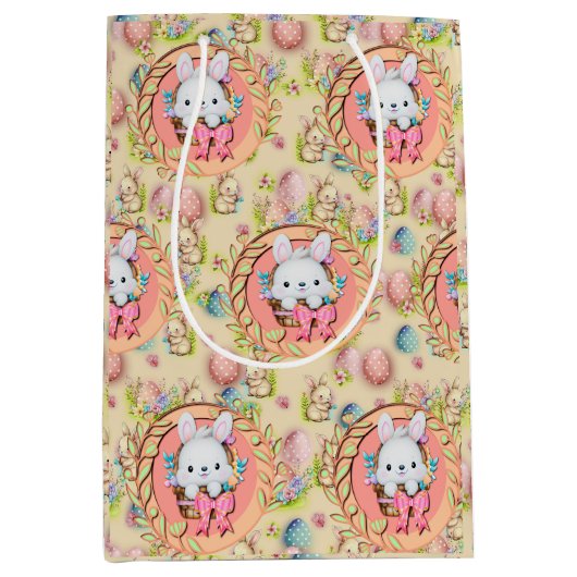 バスケットに座って可愛いイースターバニー ミディアムペーパーバッグ (正面)