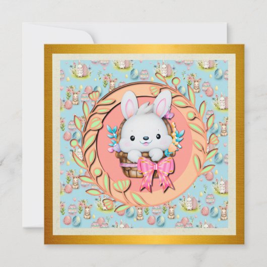 バスケットに座って可愛いイースターバニー 招待状 (正面)