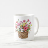 バスケットに活けたピンク 白 黄色 赤の花 コーヒーマグカップ (正面右)
