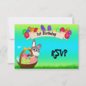 バスケットのイースター第1誕生日RSVPのかわいいバニー 招待状 (正面)