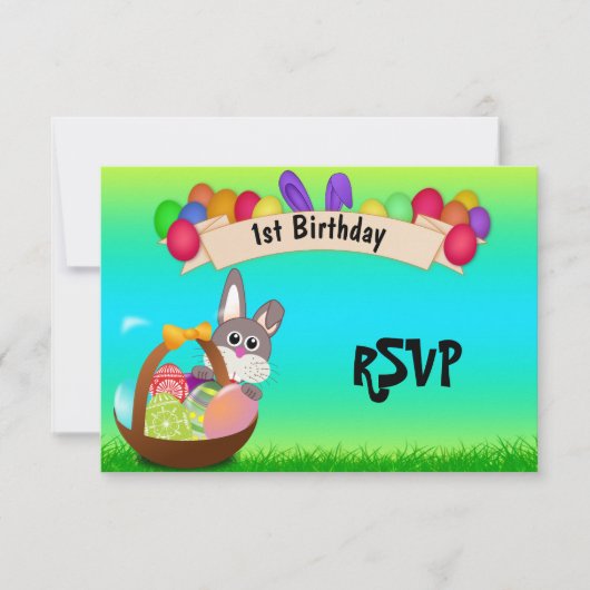 バスケットのイースター第1誕生日RSVPのかわいいバニー 招待状 (正面)