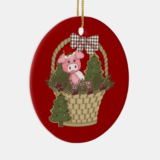 バスケットのオーナメントのクリスマスのブタ セラミックオーナメント (右)