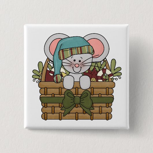 バスケットのクリスマスのマウス 缶バッジ (正面)
