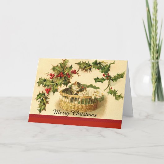 バスケットのクリスマスカードに入った3匹の子猫 シーズンカード (正面)