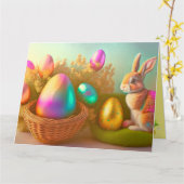 バスケットのコレクションのイースターバニーと光沢のある卵 カード (黄色い花)