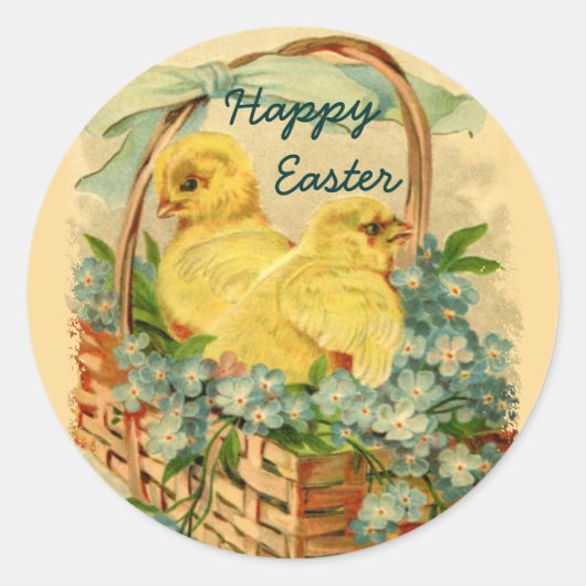 バスケットのヴィンテージイースタースティッカーの中の雛 ラウンドシール (正面)
