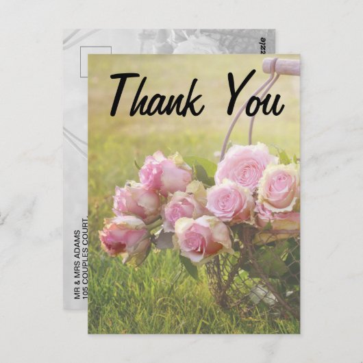 バスケットの中のピンクのバラ結婚の感謝 ポストカード (正面/裏面)