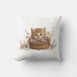 バスケットの中の子猫 - かわいい猫のTシャツデザイン クッション