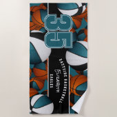 バスケットの多カスタムくの選手の名前ティール(緑がかった色)ブラック ビーチタオル (正面)