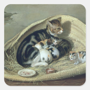 バスケットの彼女の子ネコを持つ猫、1797年 スクエアシール