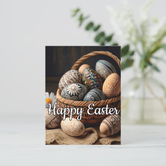バスケットの様々な装飾的な復活祭の卵 ポストカード (スタンド正面)