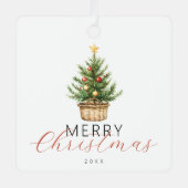 バスケットの水彩クリスマスツリーの写真 メタルオーナメント (正面)
