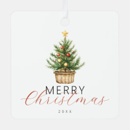 バスケットの水彩クリスマスツリーの写真 メタルオーナメント