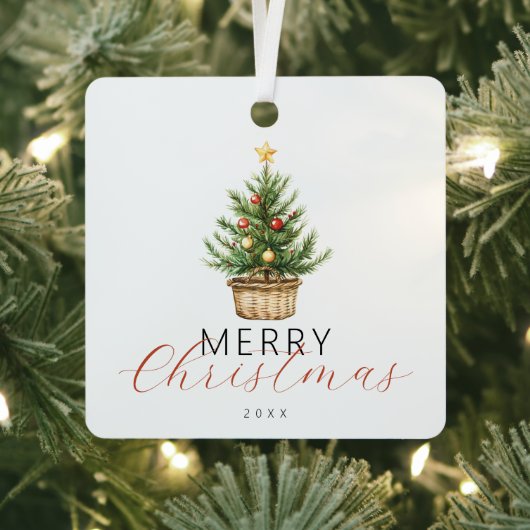 バスケットの水彩クリスマスツリーの写真 メタルオーナメント (インサイチュ)