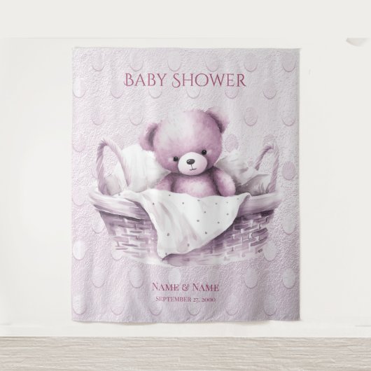 バスケットの背景にピンクのテディベア タペストリー (正面)