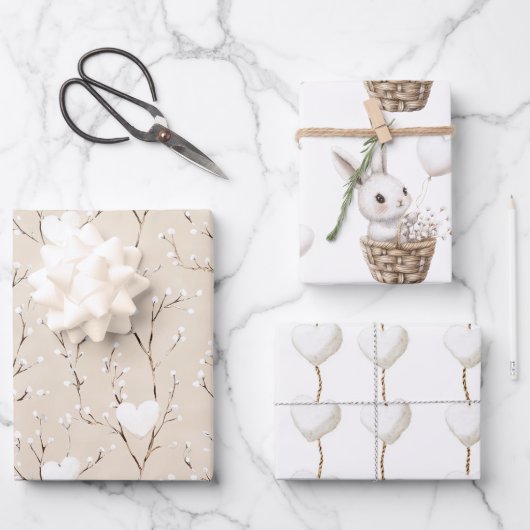 バスケットの赤ちゃんシャワーに白いバニーハート ラッピングペーパーシート (正面)