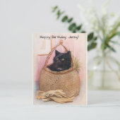 バスケットの近くにガーデニンググローブと黒猫 ポストカード (スタンド正面)