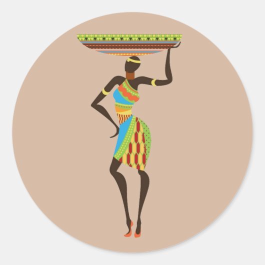 バスケットの部族芸術を持つアフリカの部族の女性 ラウンドシール (正面)